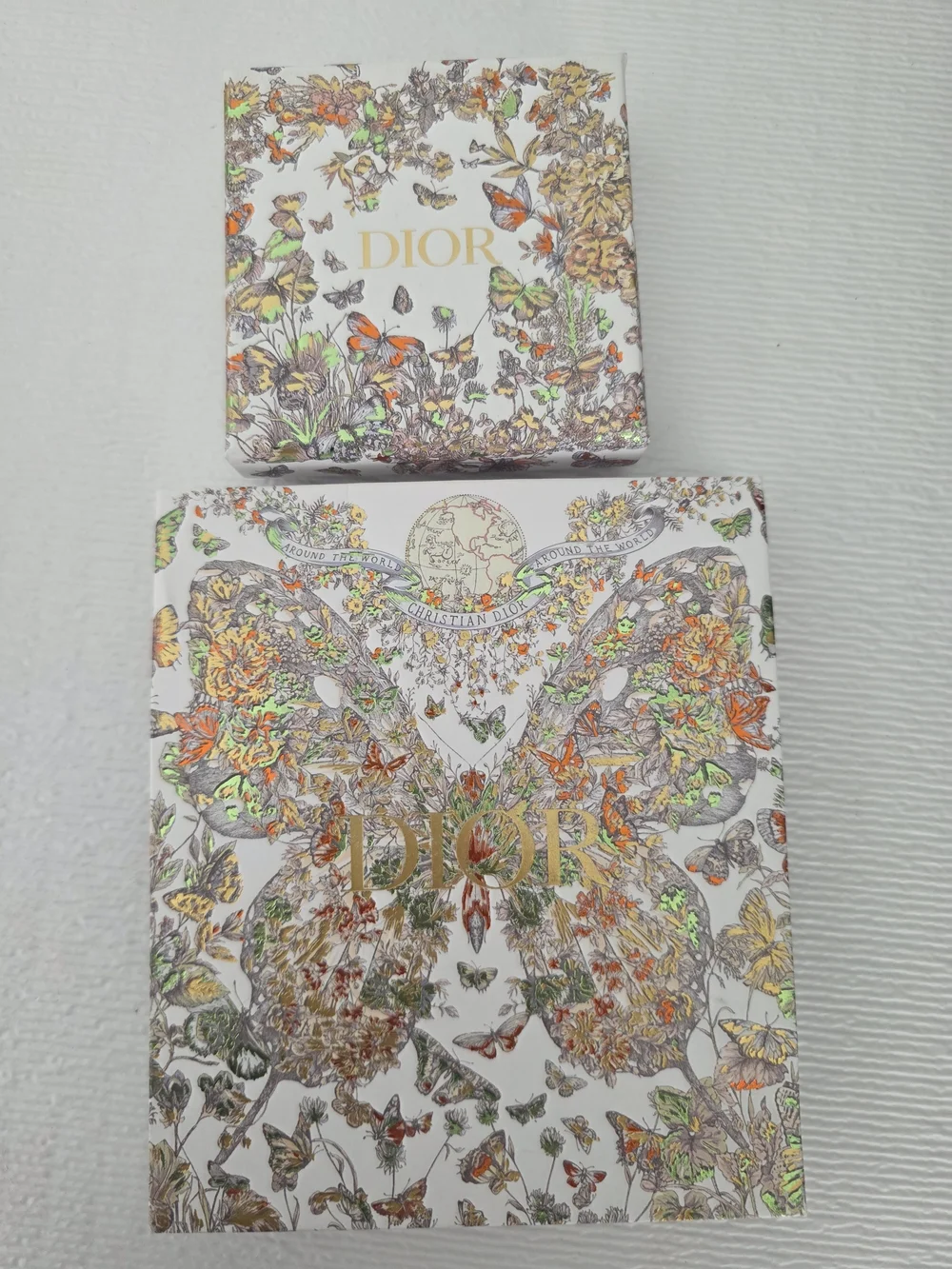 Dior White Box Floral Foil Bag and gift box with ribbon, Tissue Paper
